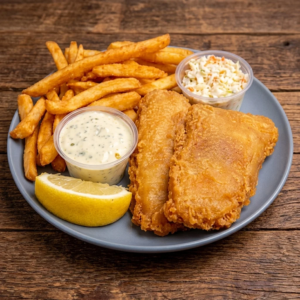 Fish and chips: battered cod fillets with fries, coleslaw, tartar sauce and lemon