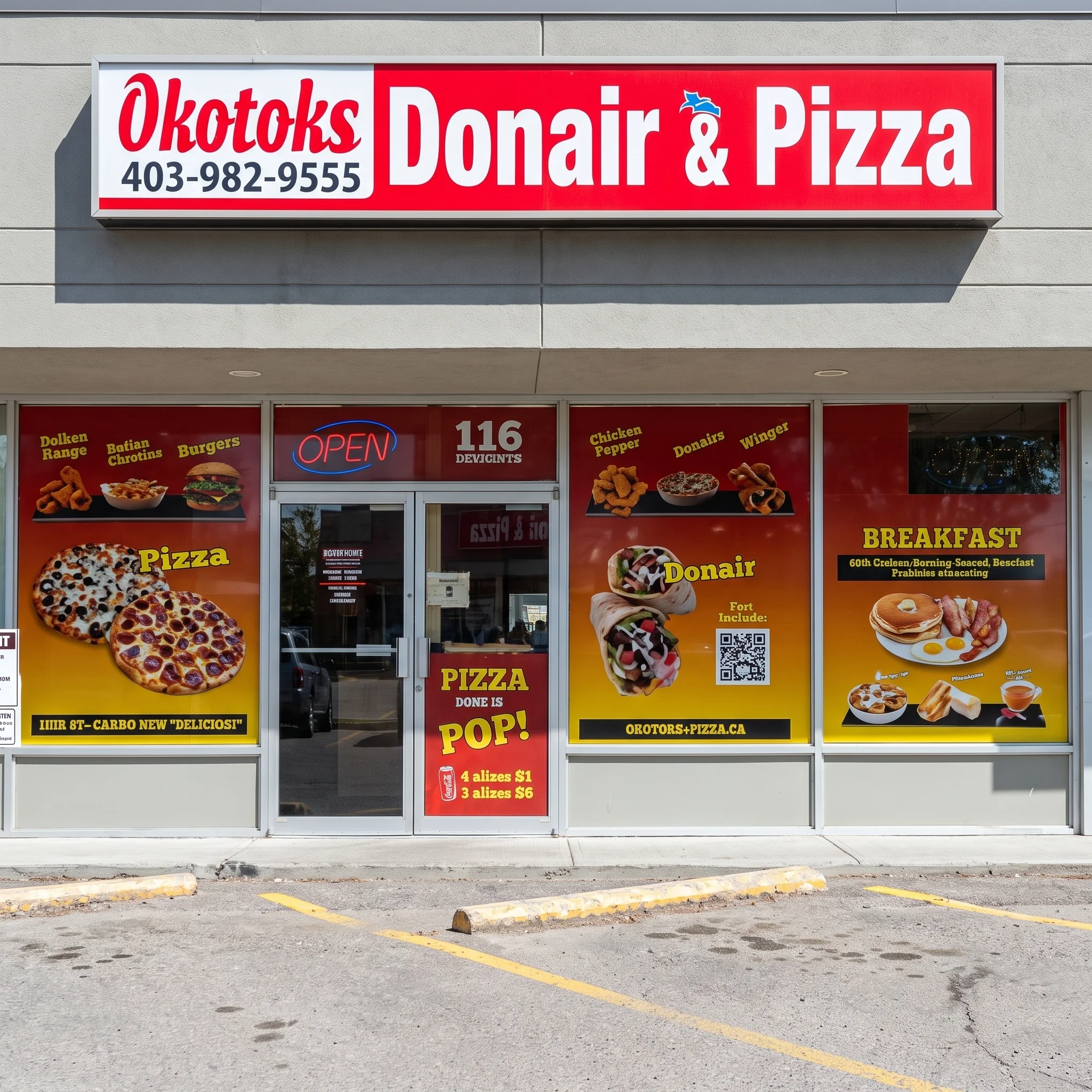 Okotoks Donair & Pizza storefront on Elizabeth Street with its red sign