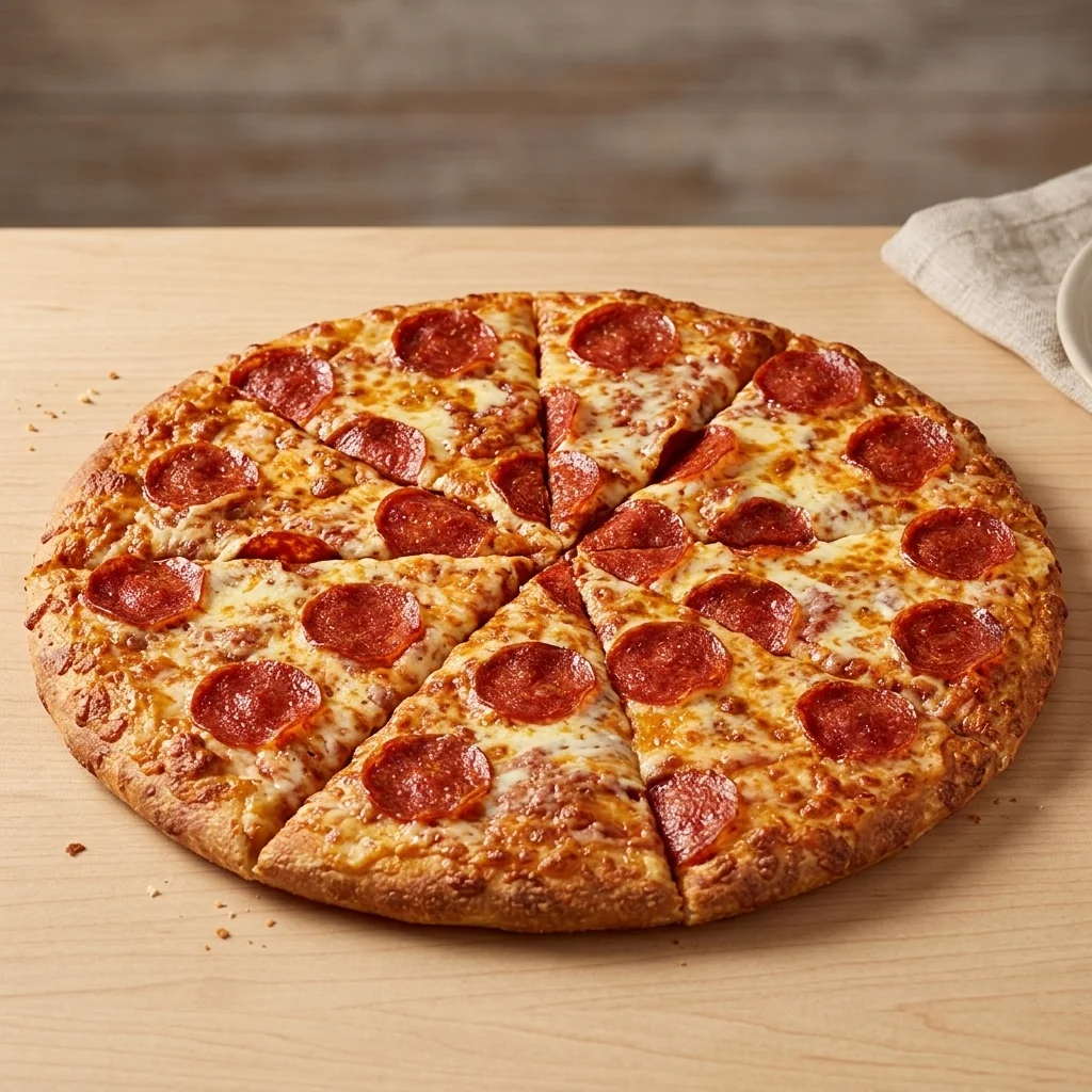 Pepperoni pizza cut into slices on a wooden table