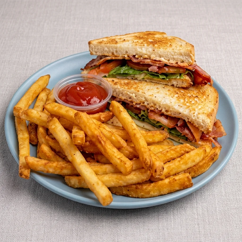 Clubhouse sandwich with fries and a cup of ketchup