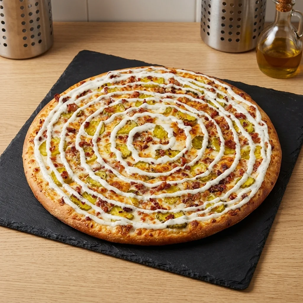 Pizza with a spiral of white sauce on a slate board