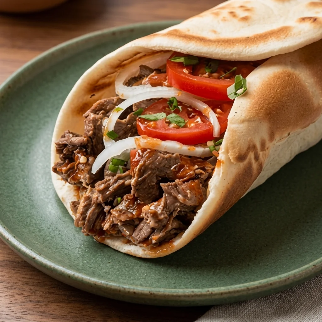 Donair in a pita with donair meat, tomato and onion