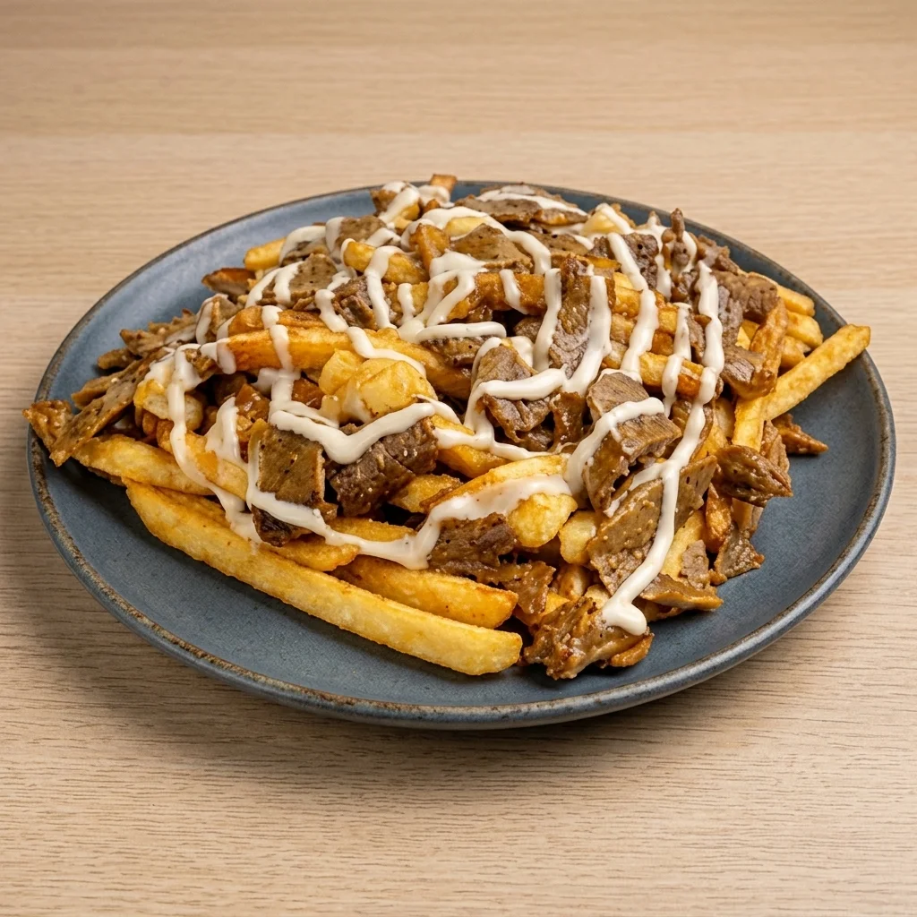 Donair poutine: fries with gravy, donair meat and sweet sauce
