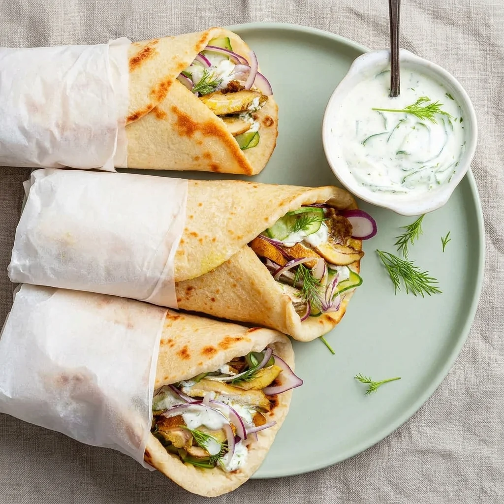 Chicken shawarma wraps with a cup of garlic sauce