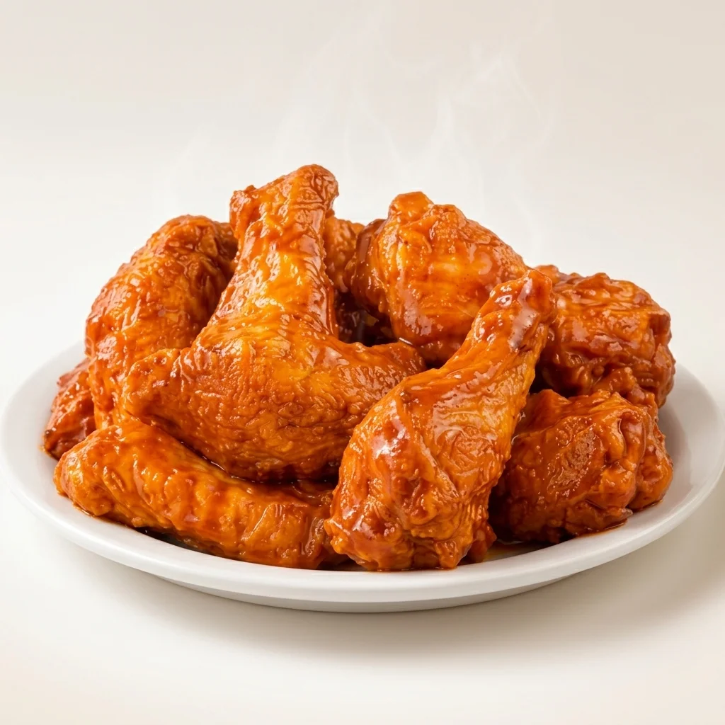 Crispy chicken wings tossed in hot sauce