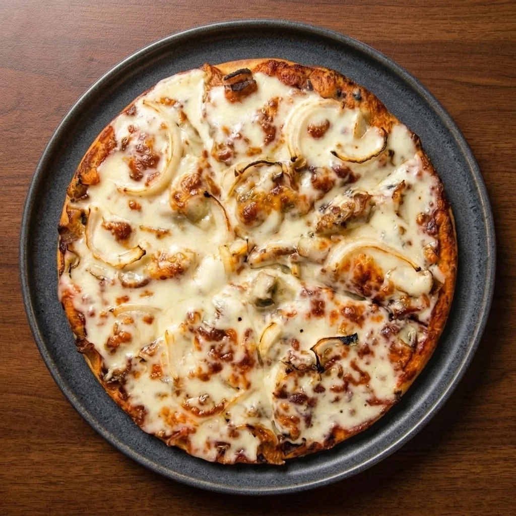 Donair pizza topped with donair meat, onions and melted cheese