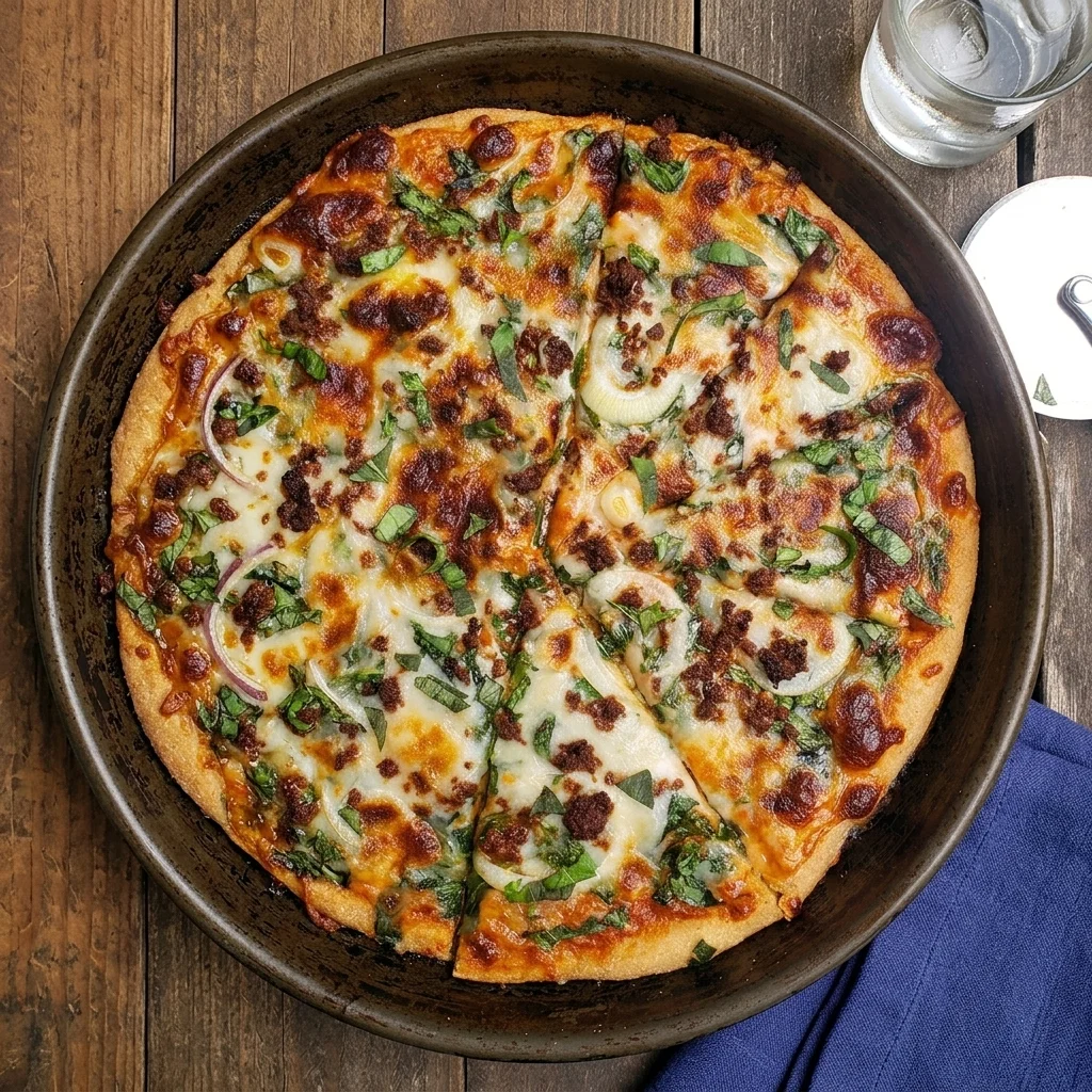 Pizza with spinach, peppers and melted cheese in a black pan